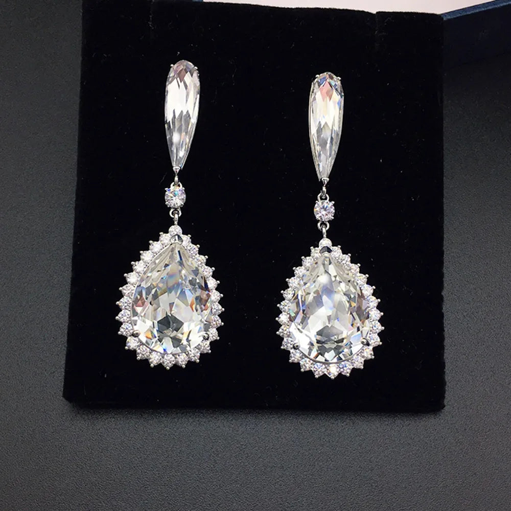 Boucles d'oreilles pendantes halo en cristal bleu saphir de luxe pour femme