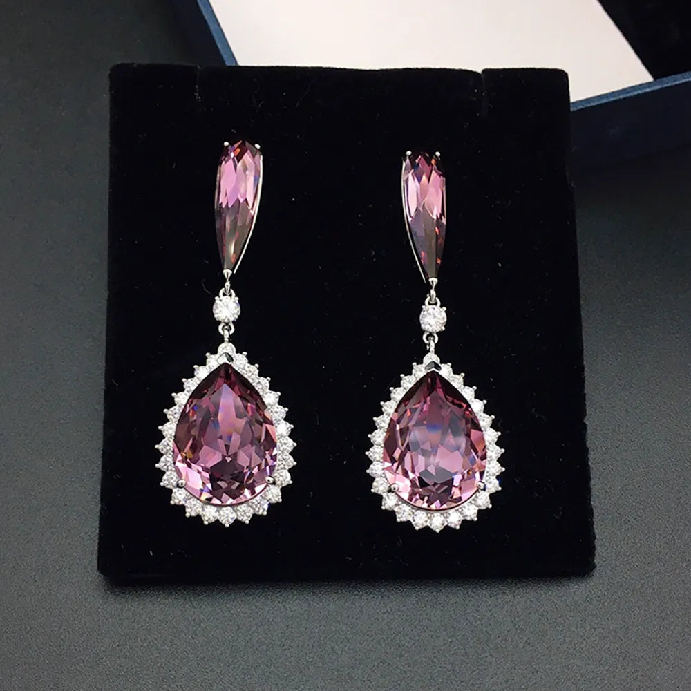 Boucles d'oreilles pendantes halo en cristal bleu saphir de luxe pour femme