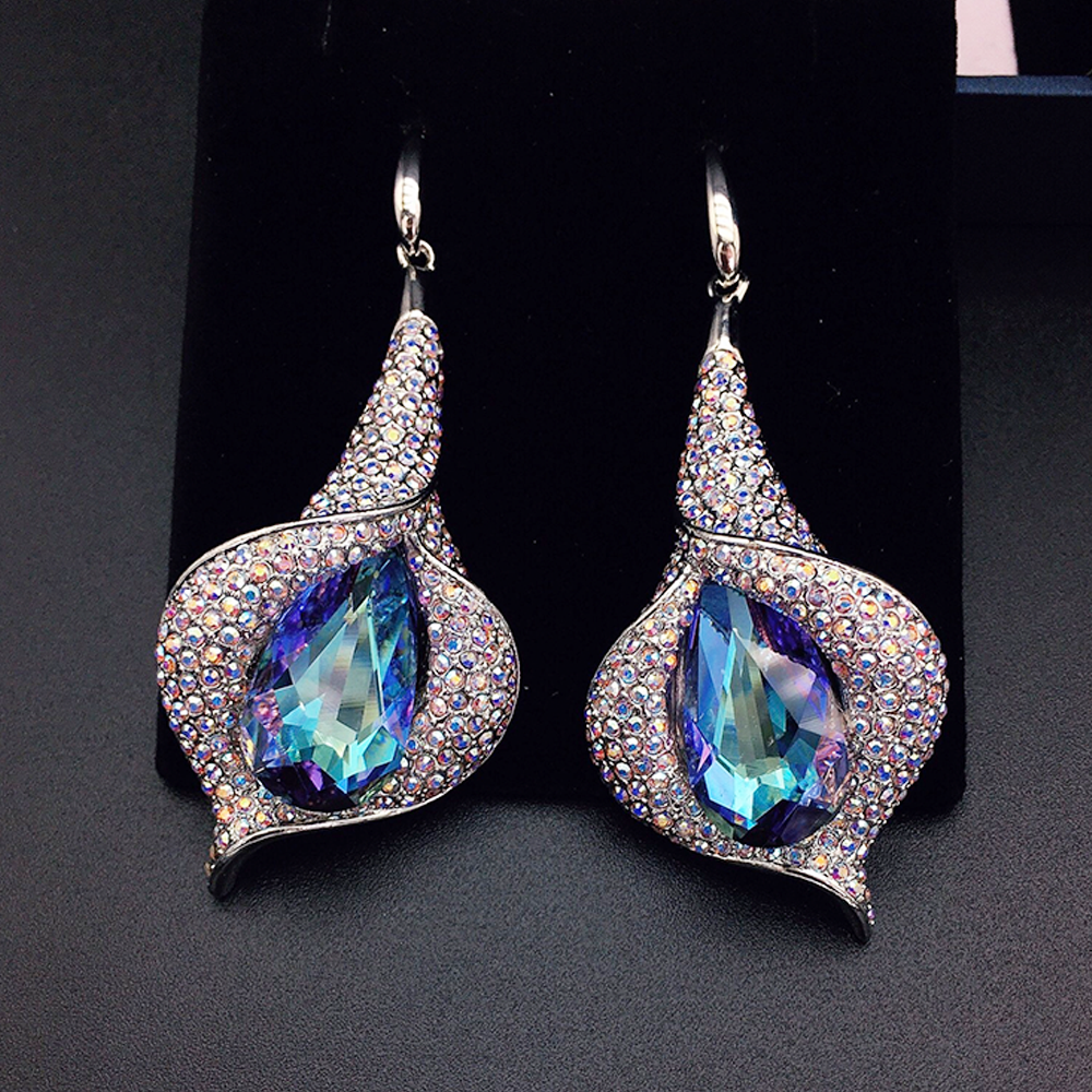 Luxury Aurora Blue Crystal Petal Drop Earrings for Women
