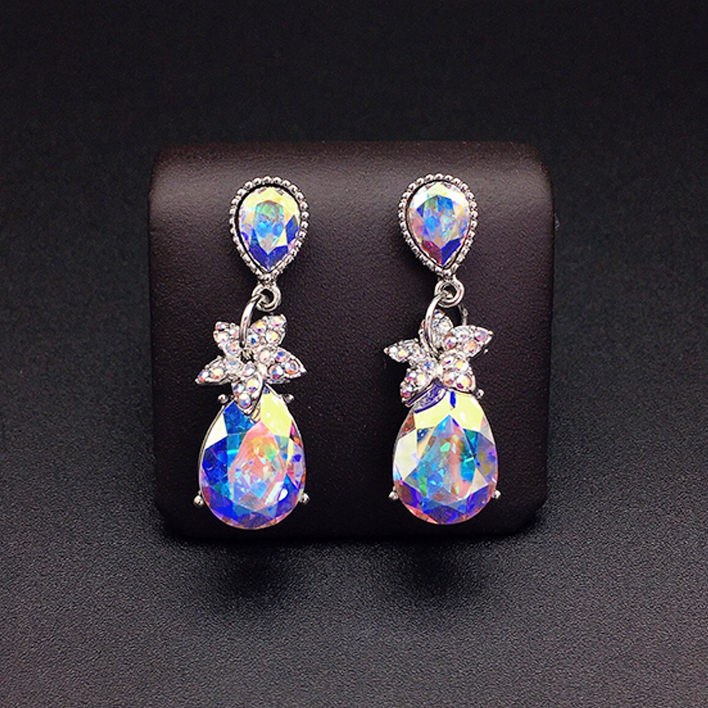 Elegant Clear Crystal Teardrop Earrings with Floral Accent