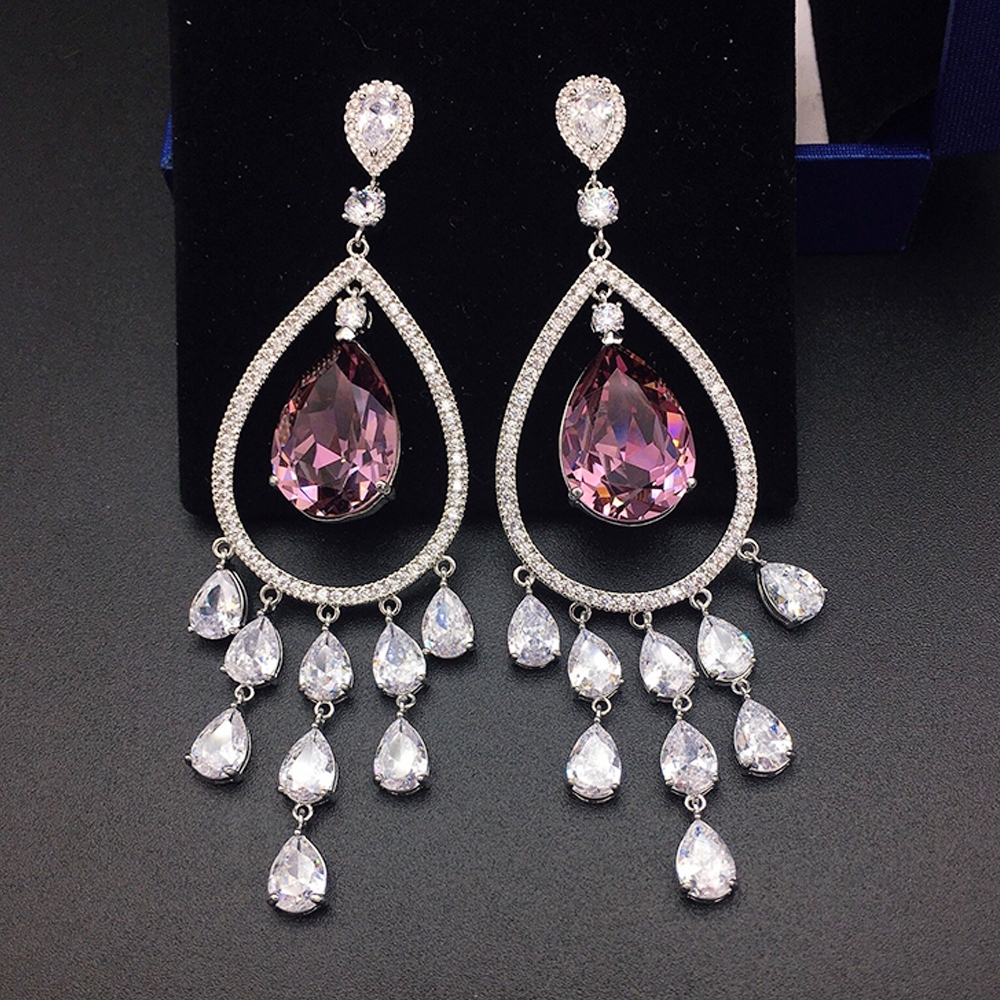 Luxury Mauve Pink Crystal Chandelier Earrings for Women