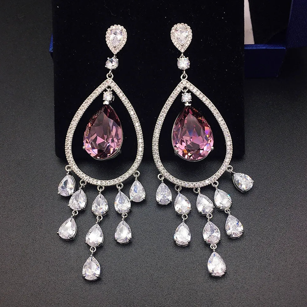 Boucles d'oreilles pendantes de luxe en cristal rose mauve pour femme