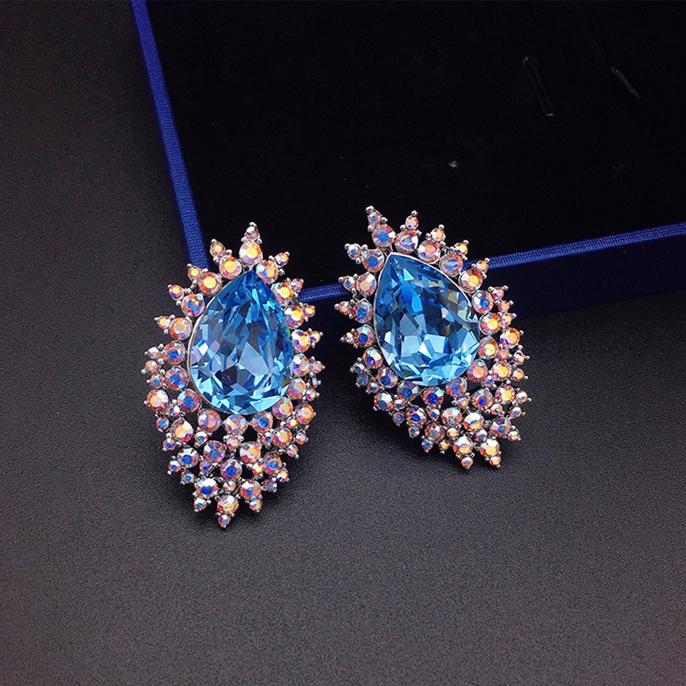 Luxury Royal Blue Crystal Earrings with Celestial Jewel Halo