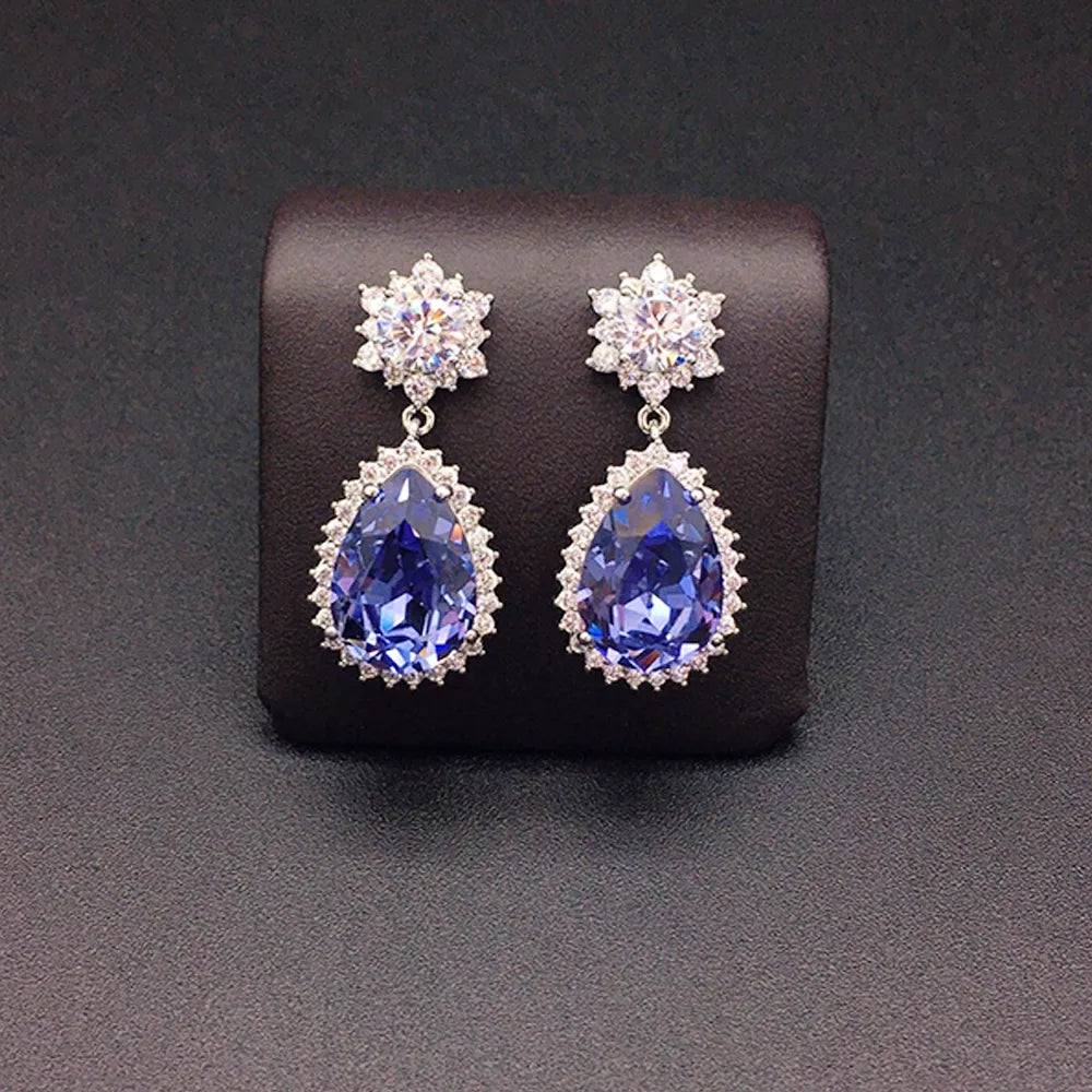 Boucles d'oreilles pendantes de luxe en cristal bleu glacier et fleurs pour femmes