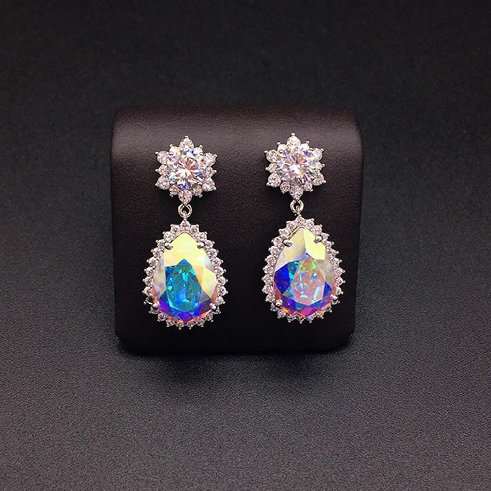 Boucles d'oreilles pendantes de luxe en cristal bleu glacier et fleurs pour femmes