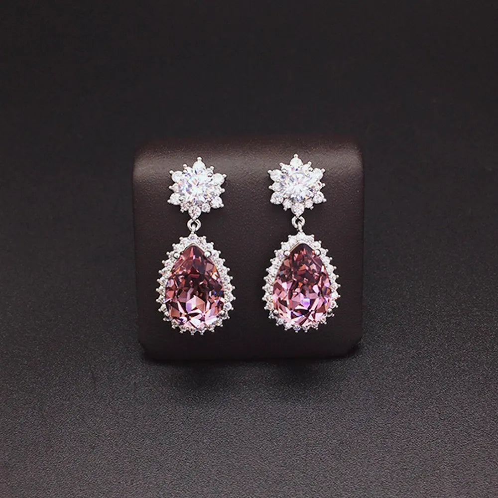 Boucles d'oreilles pendantes de luxe en cristal bleu glacier et fleurs pour femmes