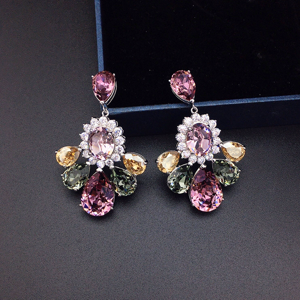 Luxury Aqua Blue Crystal Floral Cluster Drop Earrings for Women