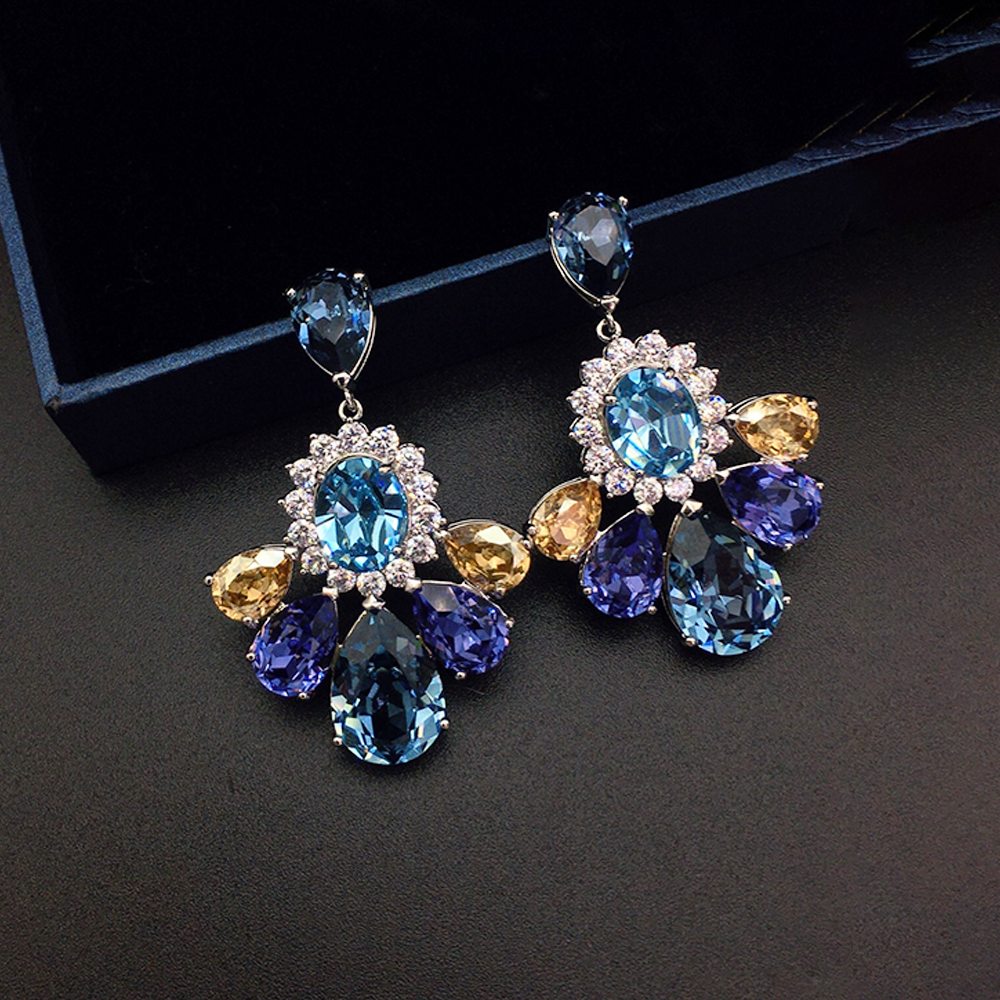 Luxury Aqua Blue Crystal Floral Cluster Drop Earrings for Women