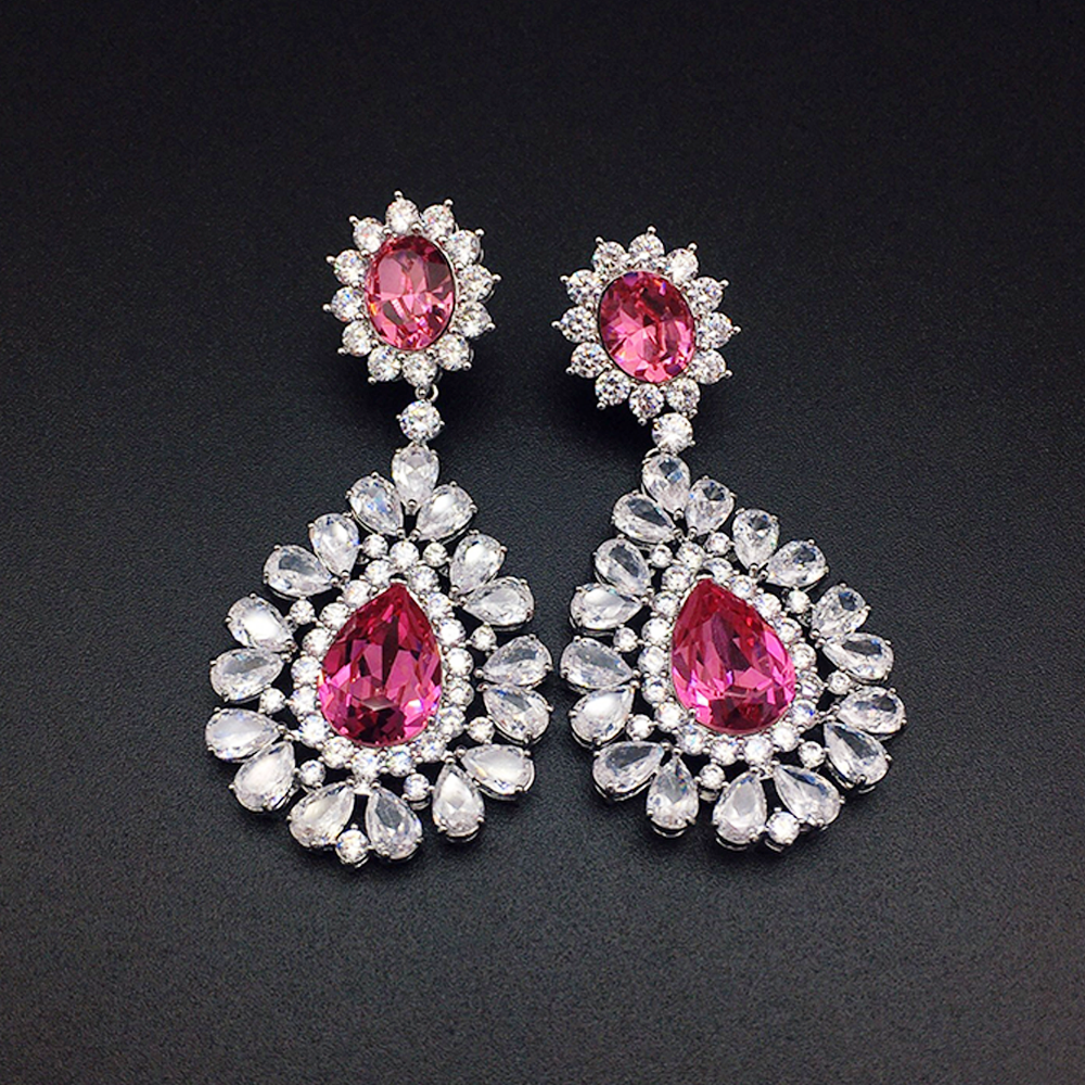 Luxury Ruby Pink Crystal Chandelier Earrings