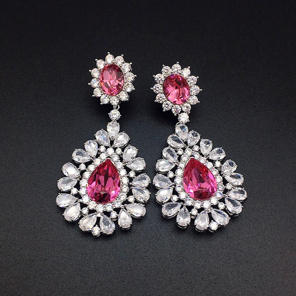 Boucles d'oreilles chandelier de luxe en cristal rose rubis