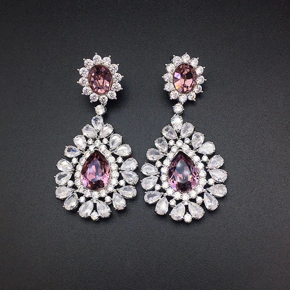 Boucles d'oreilles chandelier de luxe en cristal rose rubis