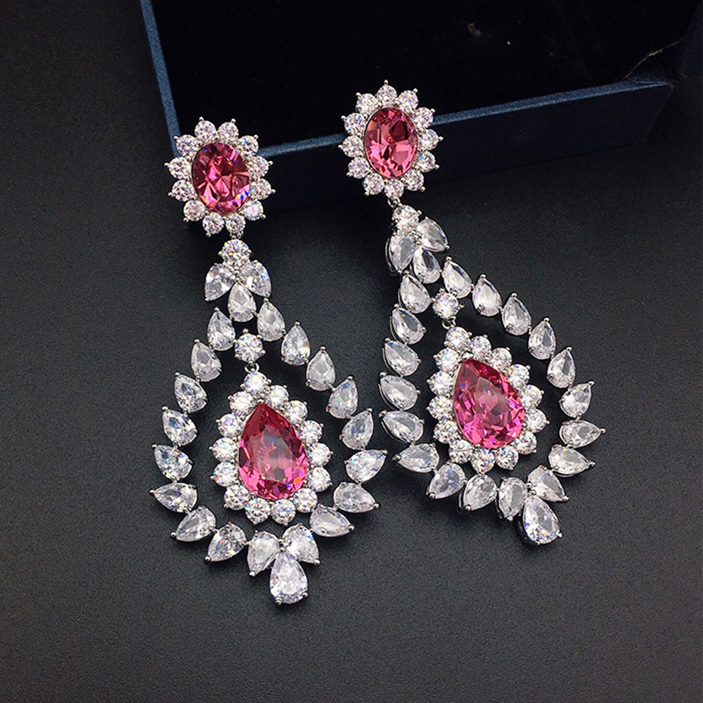 Luxury Ruby Pink Crystal Chandelier Earrings