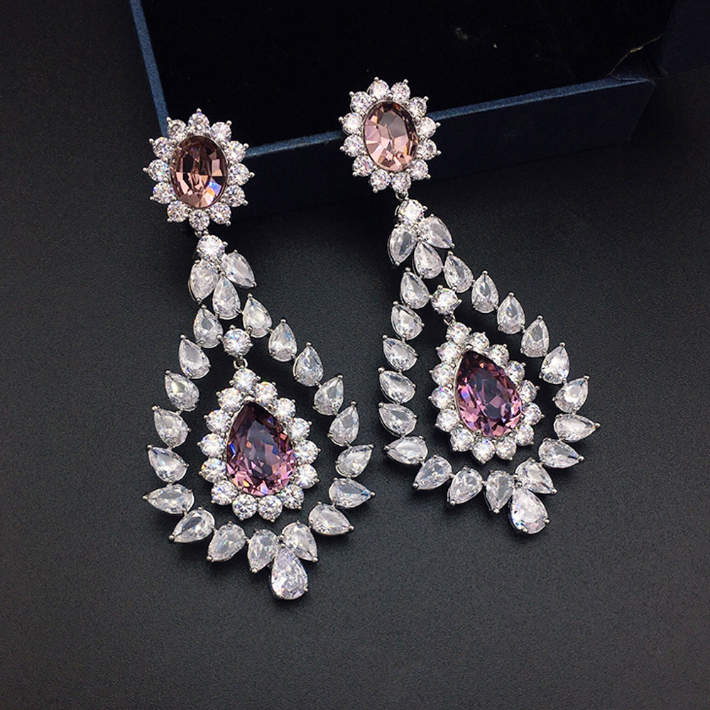 Luxury Ruby Pink Crystal Chandelier Earrings