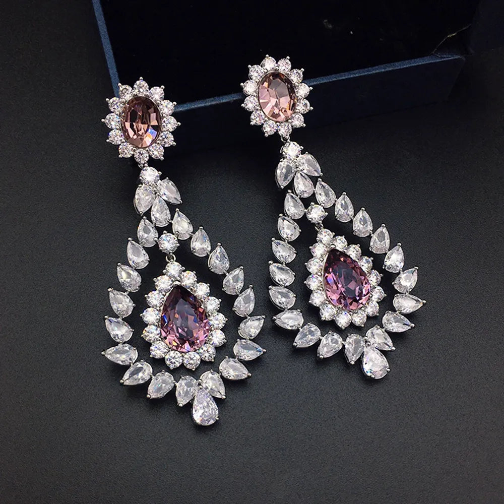 Boucles d'oreilles chandelier de luxe en cristal rose rubis