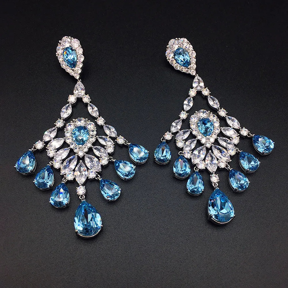 Boucles d'oreilles chandelier de luxe en cristal bleu glacier pour femme