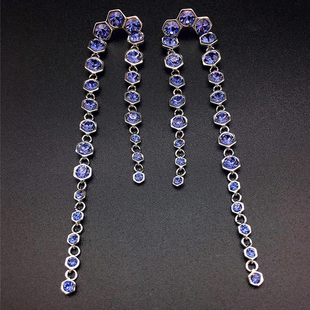 Luxury Blue Crystal Long Dangle Earrings for Women