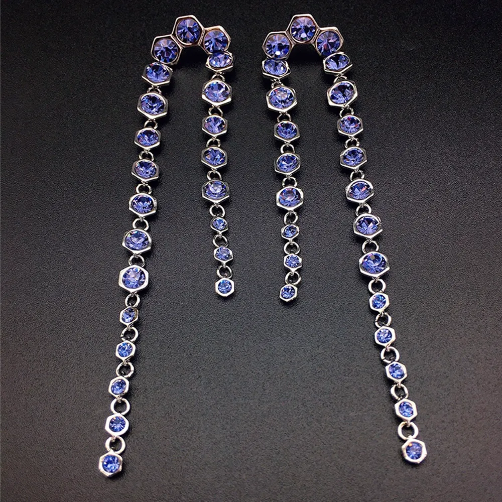 Boucles d'oreilles pendantes longues en cristal bleu de luxe pour femmes