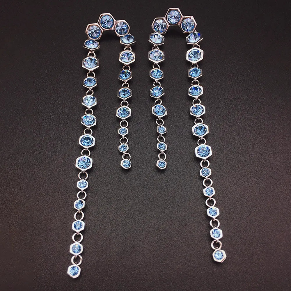 Boucles d'oreilles pendantes longues en cristal bleu de luxe pour femmes
