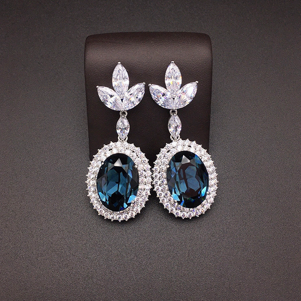 Luxury Sapphire Blue Oval Crystal Drop Earrings for Women