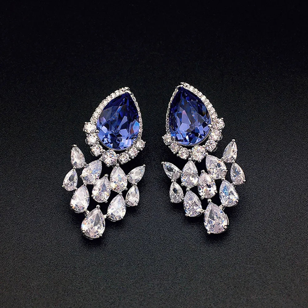 Boucles d'oreilles pendantes de luxe en cristal saphir bleu pour femme