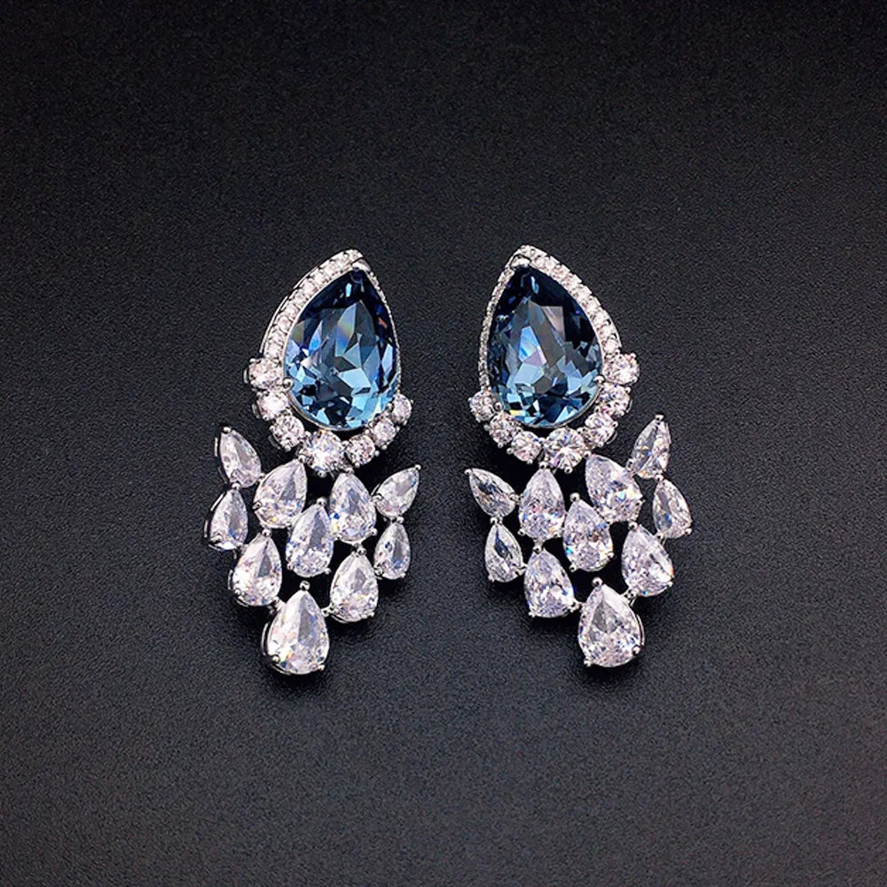 Boucles d'oreilles pendantes de luxe en cristal saphir bleu pour femme