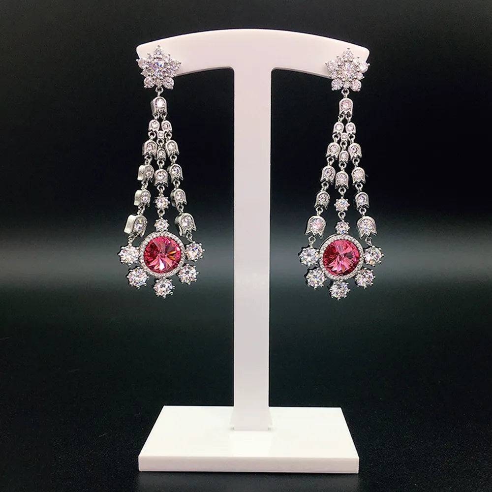 Boucles d'oreilles pendantes de luxe pour femmes avec cristaux bleus, fleurs et pompons