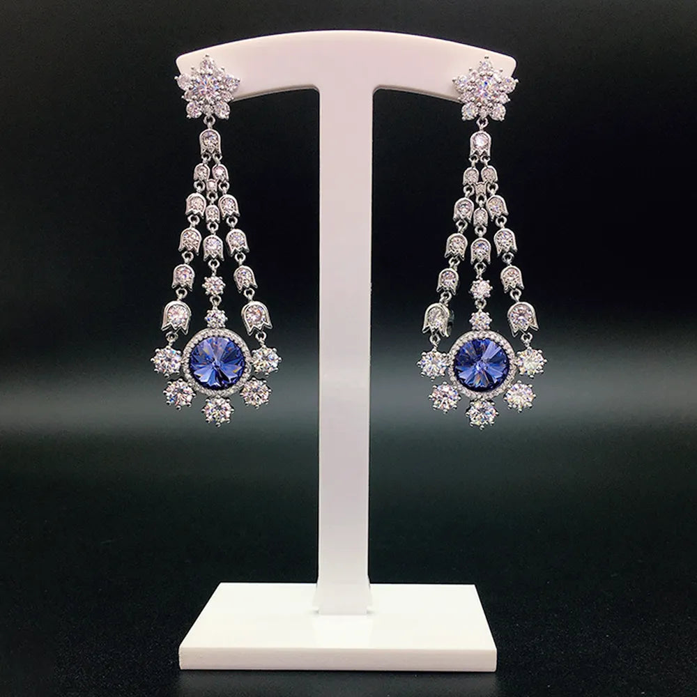 Boucles d'oreilles pendantes de luxe pour femmes avec cristaux bleus, fleurs et pompons