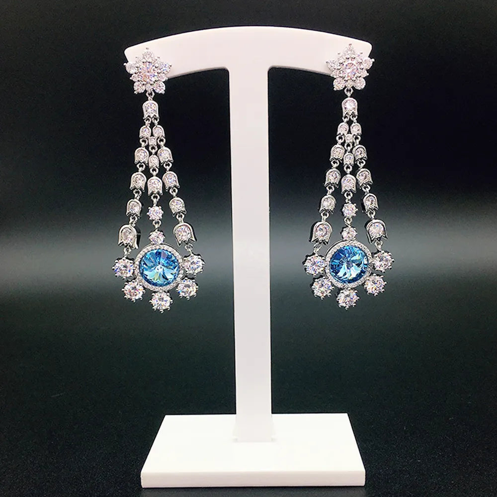 Boucles d'oreilles pendantes de luxe pour femmes avec cristaux bleus, fleurs et pompons