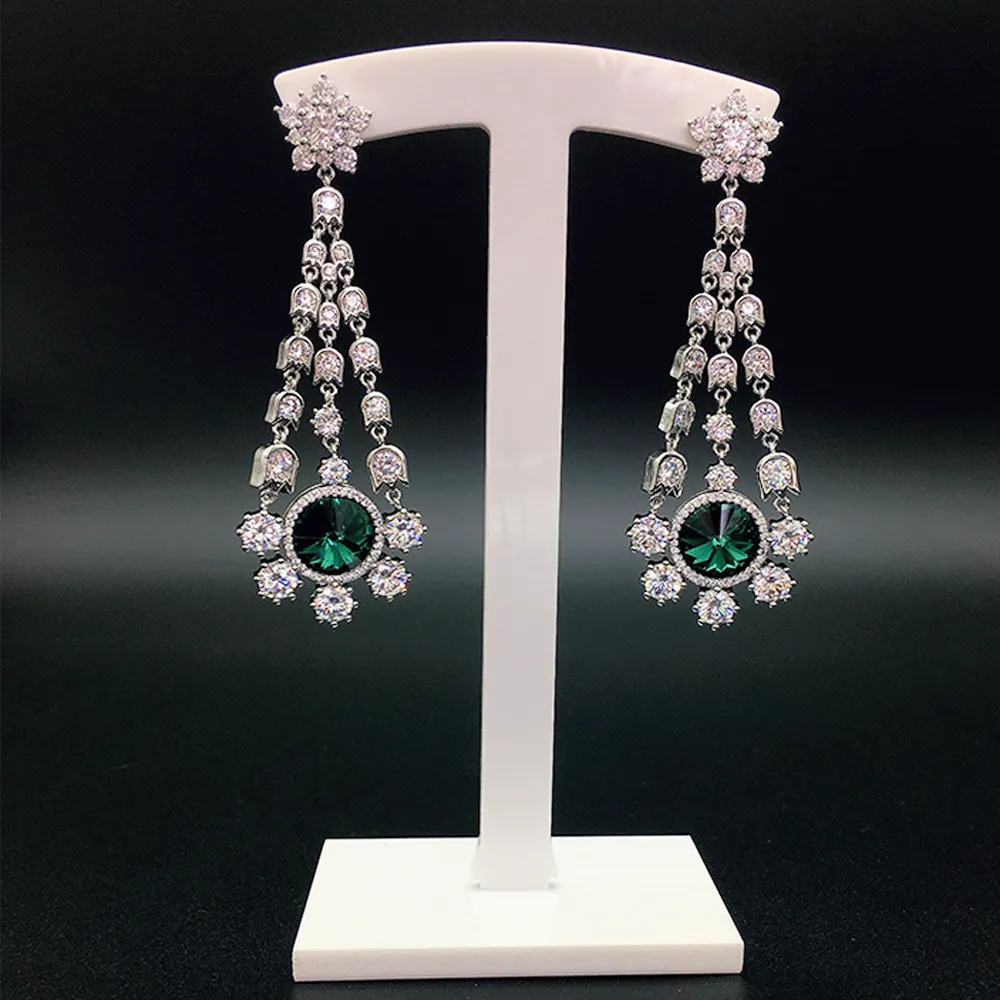 Boucles d'oreilles pendantes de luxe pour femmes avec cristaux bleus, fleurs et pompons