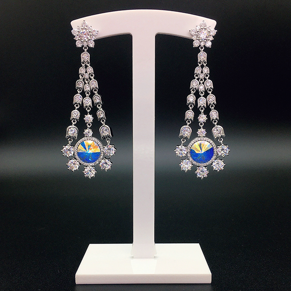 Luxury Blue Crystal Floral Tassel Chandelier Earrings for Women