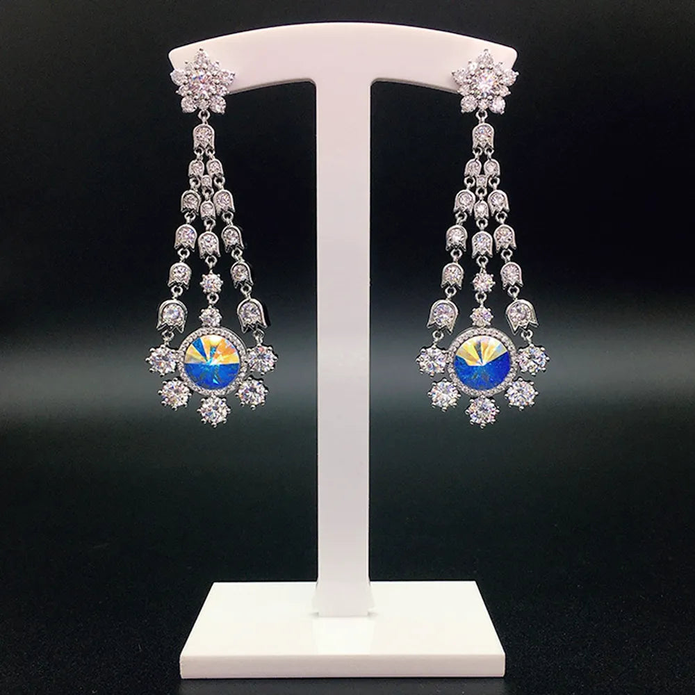Boucles d'oreilles pendantes de luxe pour femmes avec cristaux bleus, fleurs et pompons