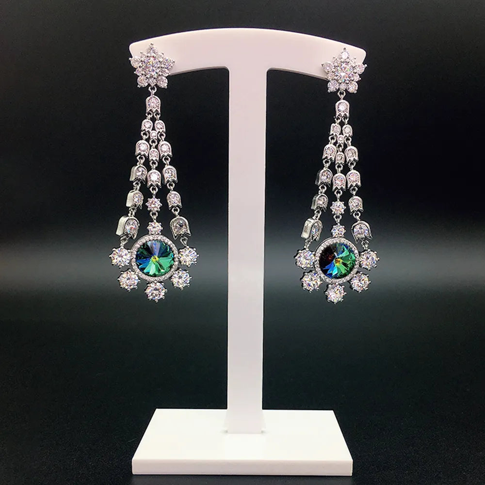 Boucles d'oreilles pendantes de luxe pour femmes avec cristaux bleus, fleurs et pompons