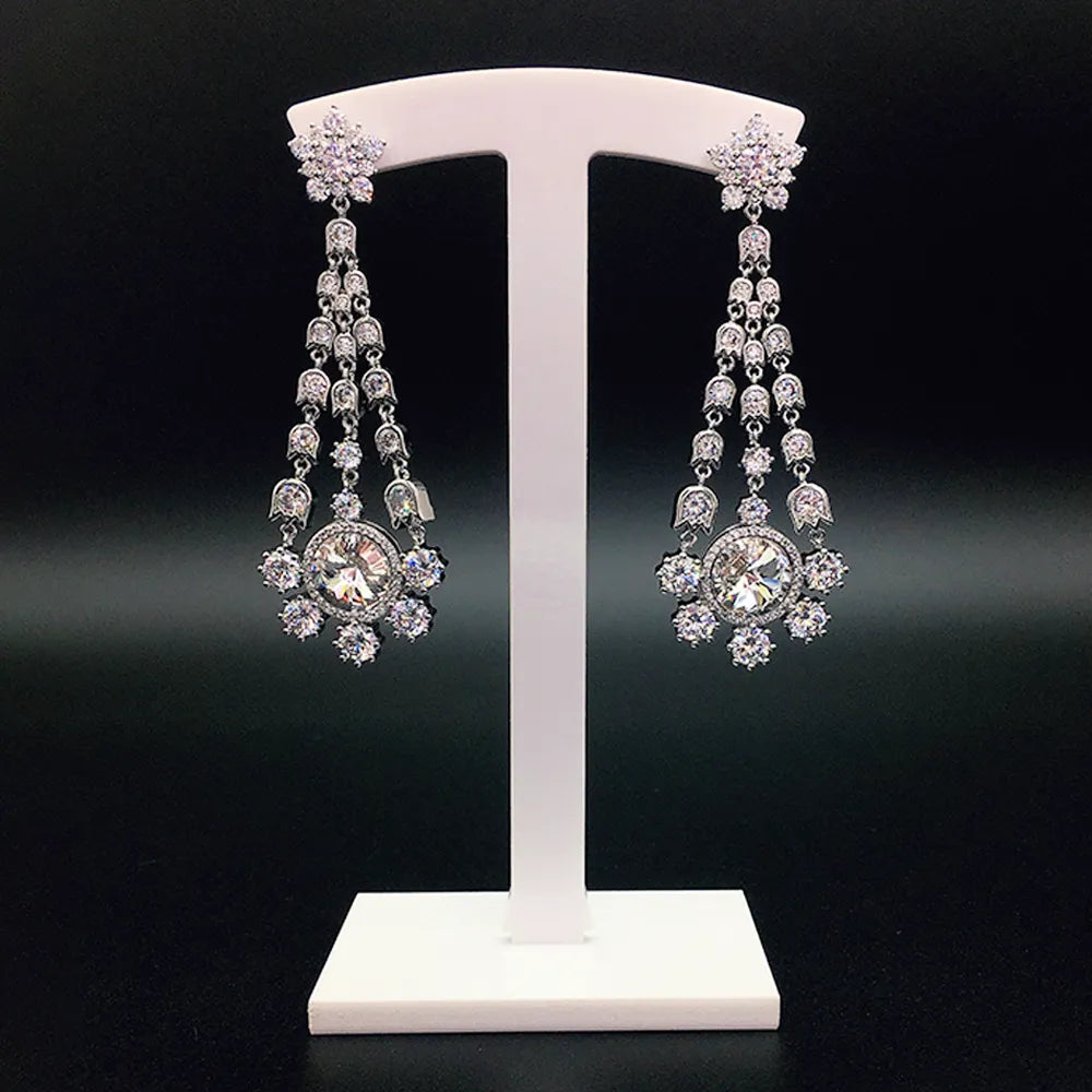 Boucles d'oreilles pendantes de luxe pour femmes avec cristaux bleus, fleurs et pompons