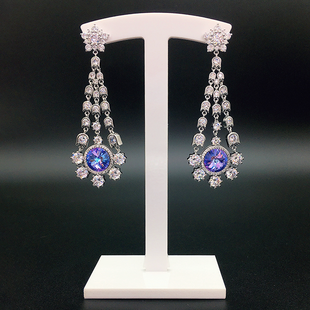 Luxury Blue Crystal Floral Tassel Chandelier Earrings for Women