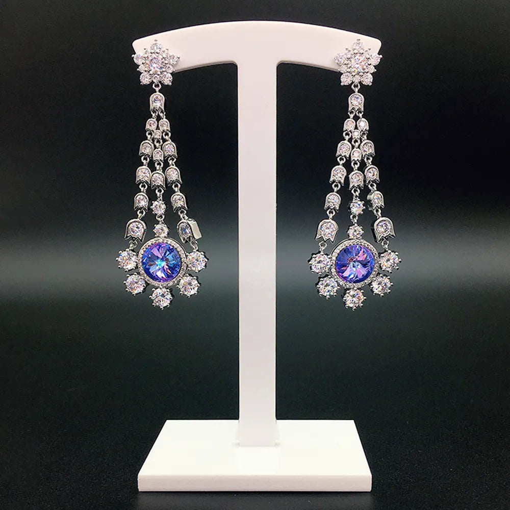 Boucles d'oreilles pendantes de luxe pour femmes avec cristaux bleus, fleurs et pompons