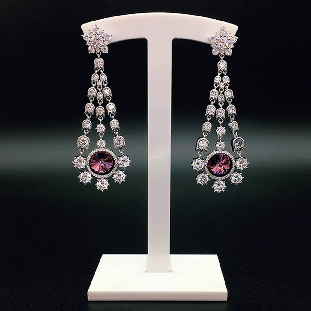 Boucles d'oreilles pendantes de luxe pour femmes avec cristaux bleus, fleurs et pompons