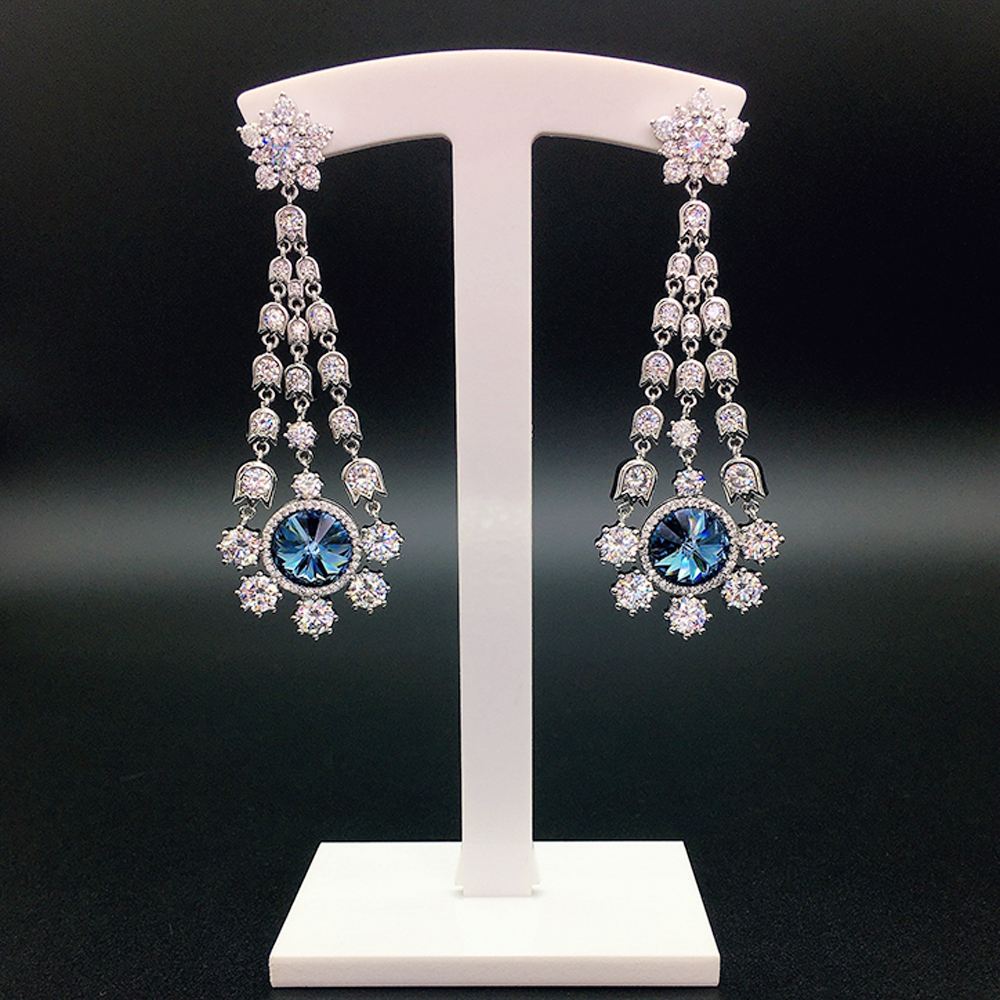 Luxury Blue Crystal Floral Tassel Chandelier Earrings for Women