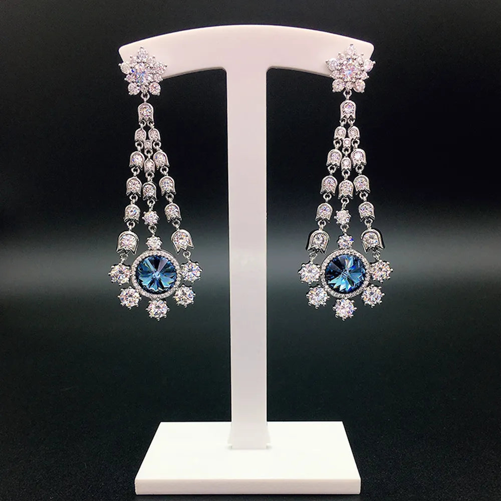 Boucles d'oreilles pendantes de luxe pour femmes avec cristaux bleus, fleurs et pompons