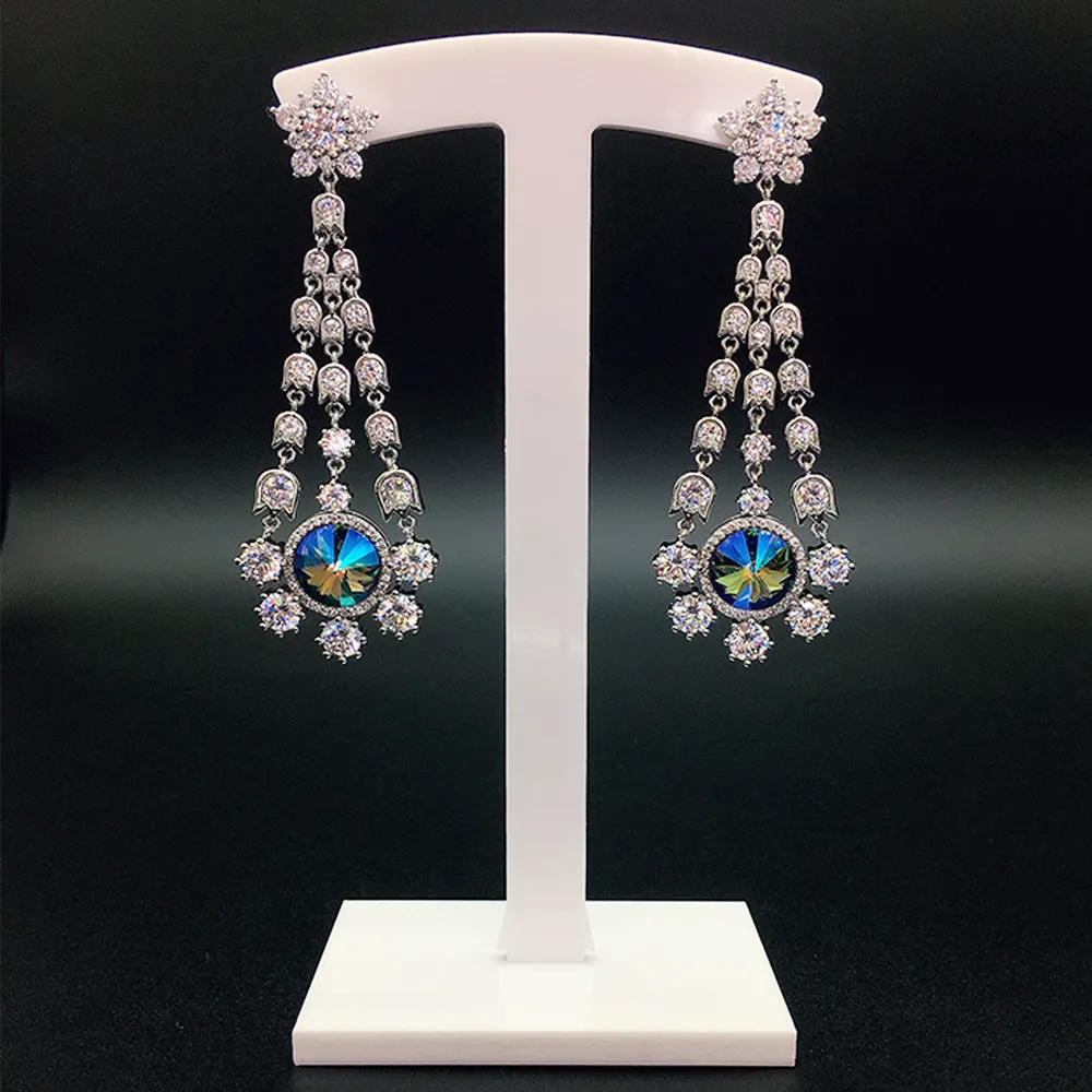 Boucles d'oreilles pendantes de luxe pour femmes avec cristaux bleus, fleurs et pompons