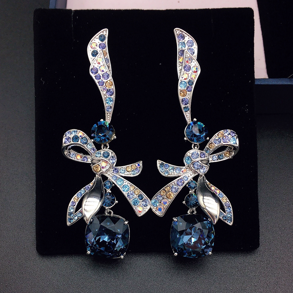 Elegant Navy Blue Crystal Bow Drop Earrings for Women