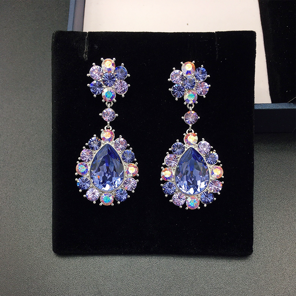 Luxury Blue Teardrop Crystal Earrings with Multicolor Halo