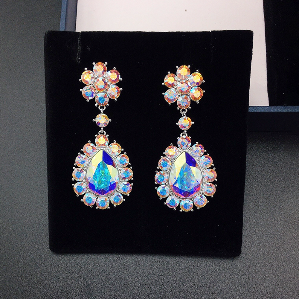 Luxury Blue Teardrop Crystal Earrings with Multicolor Halo