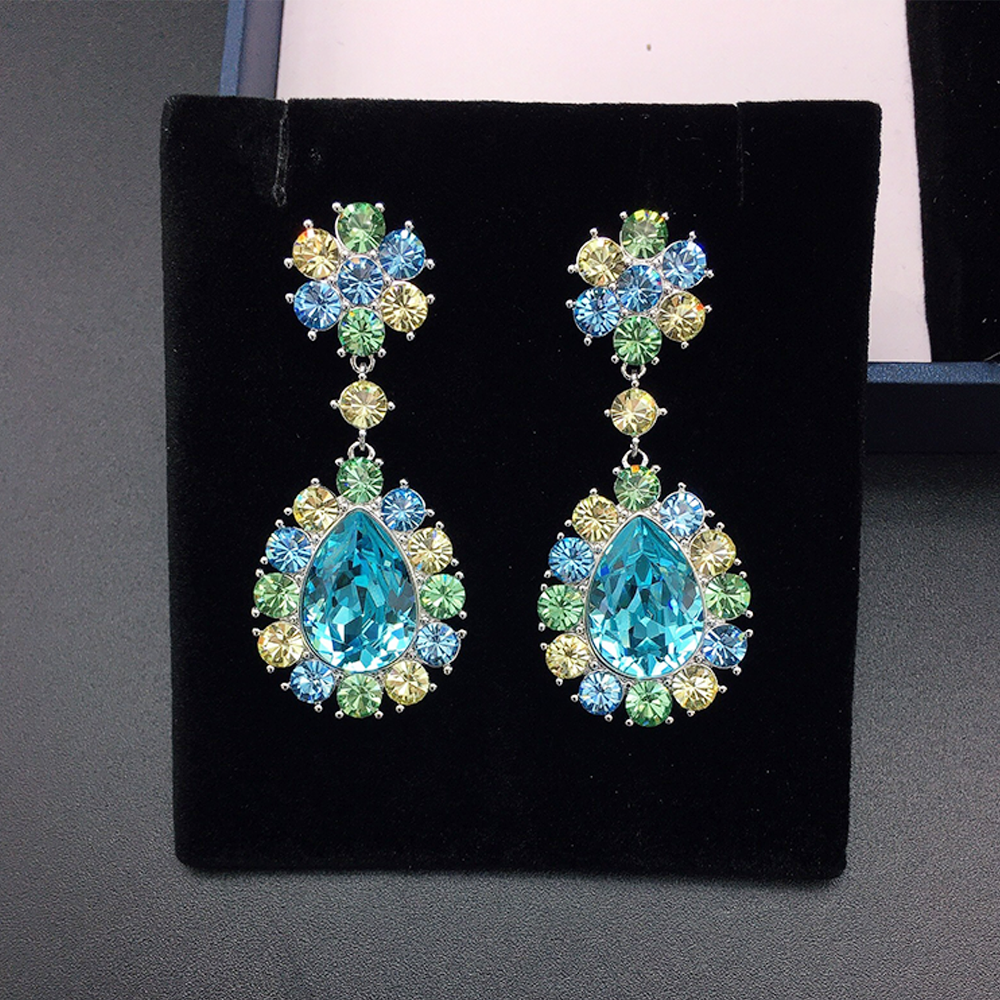 Luxury Blue Teardrop Crystal Earrings with Multicolor Halo