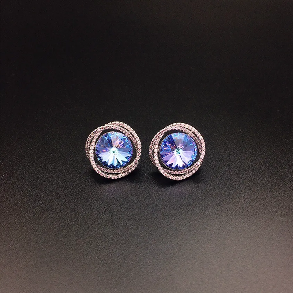 Boucles d'oreilles clous rondes en cristal bleu saphir élégantes pour femmes