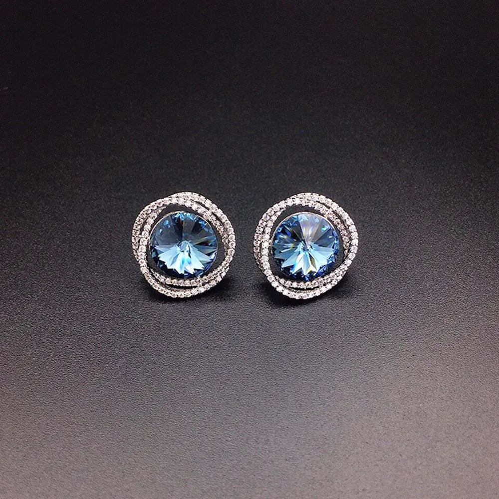 Boucles d'oreilles clous rondes en cristal bleu saphir élégantes pour femmes