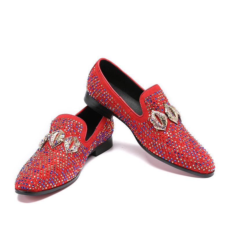 black Sticking diamond round head flat bottom men's dress shoes loafers