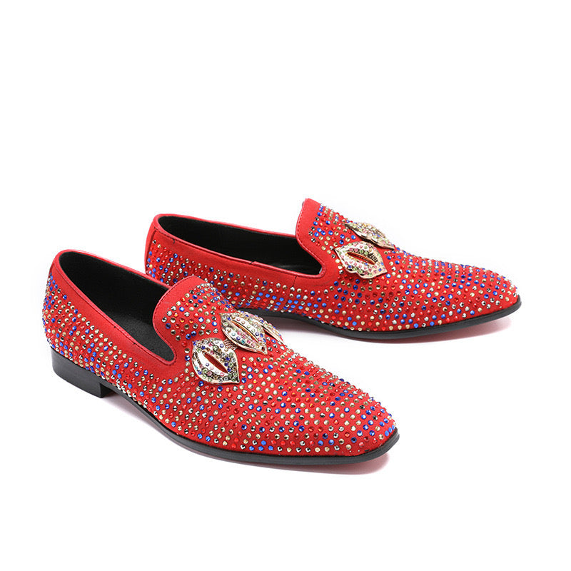 black Sticking diamond round head flat bottom men's dress shoes loafers