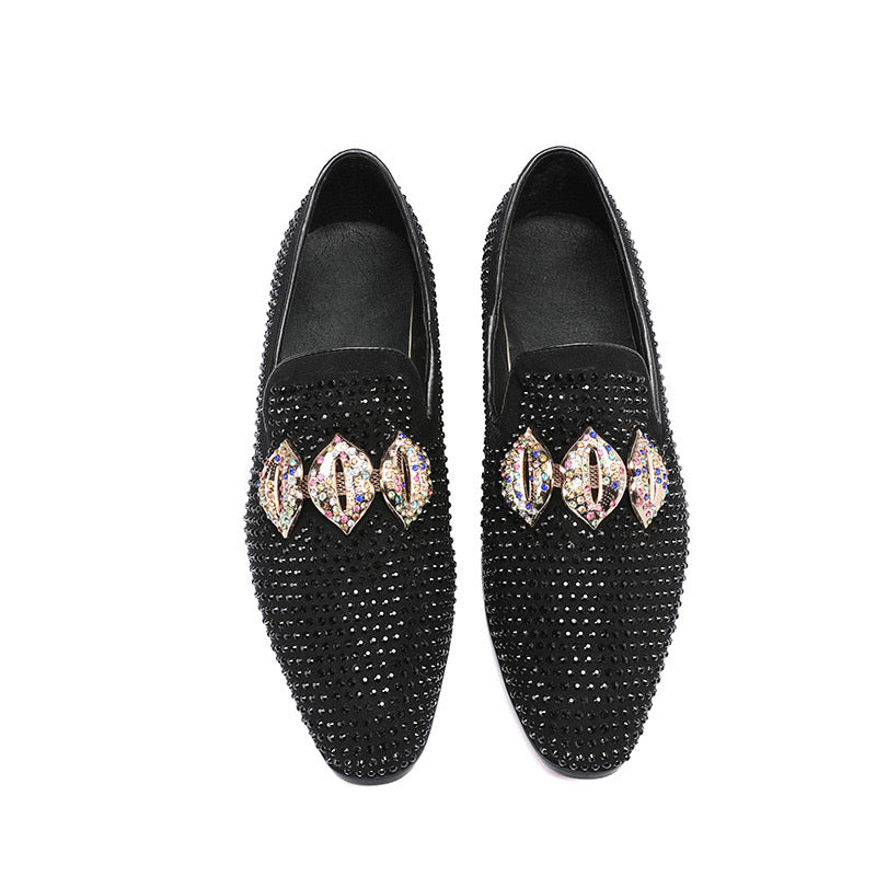 black Sticking diamond round head flat bottom men's dress shoes loafers