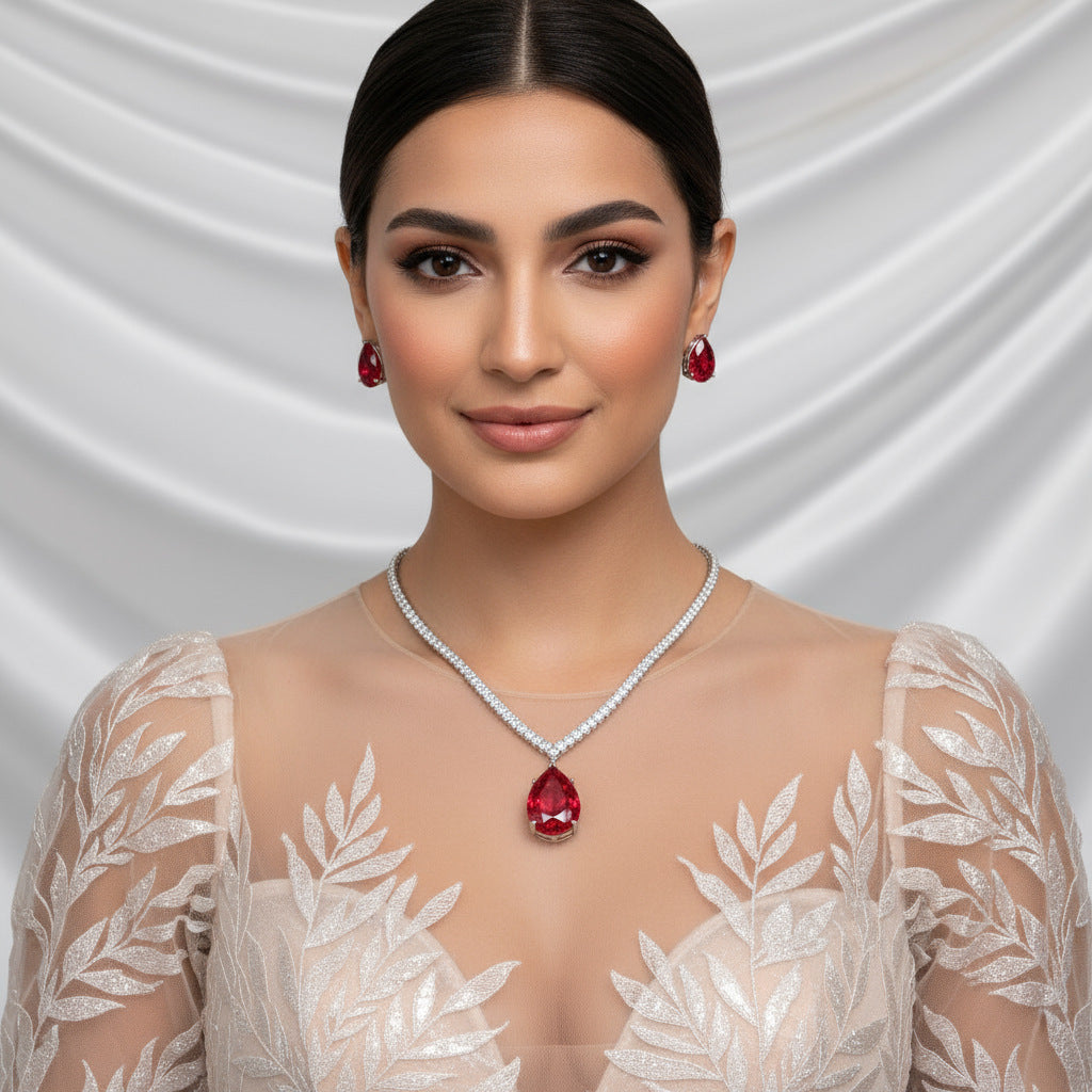 Elegant Green Crystal Drop Jewelry Set – Silver Necklace Earrings for Women