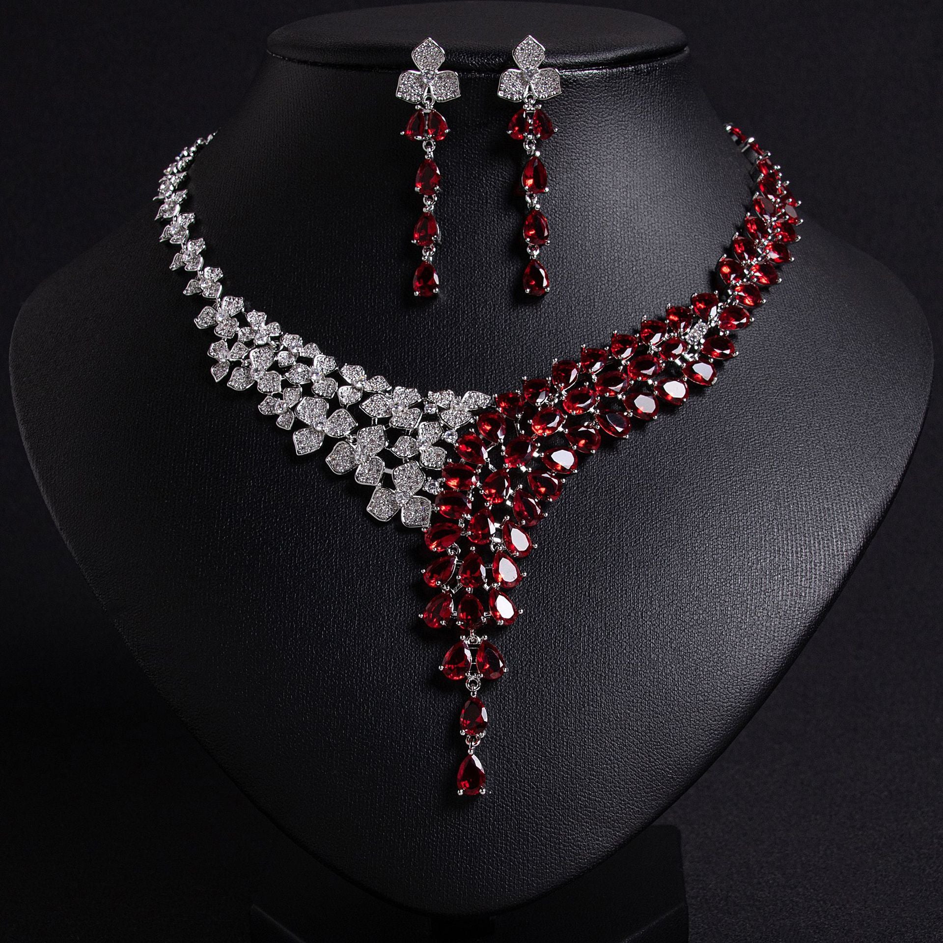 Luxury Ruby Red Crystal Necklace and Earrings Jewelry Set